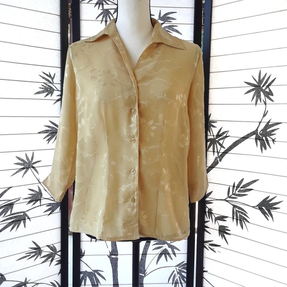 Vintage 1990s Gold Raised Floral Print 3/4 Sleeve Blouse